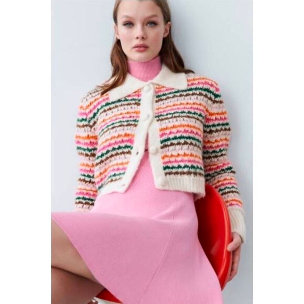 NWT Zara Striped Knit Cardigan Jacket M - Picture 2 of 9